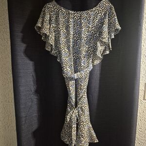 Max Studio Blue and Cream Floral Midi Dress with Ruffled Cape